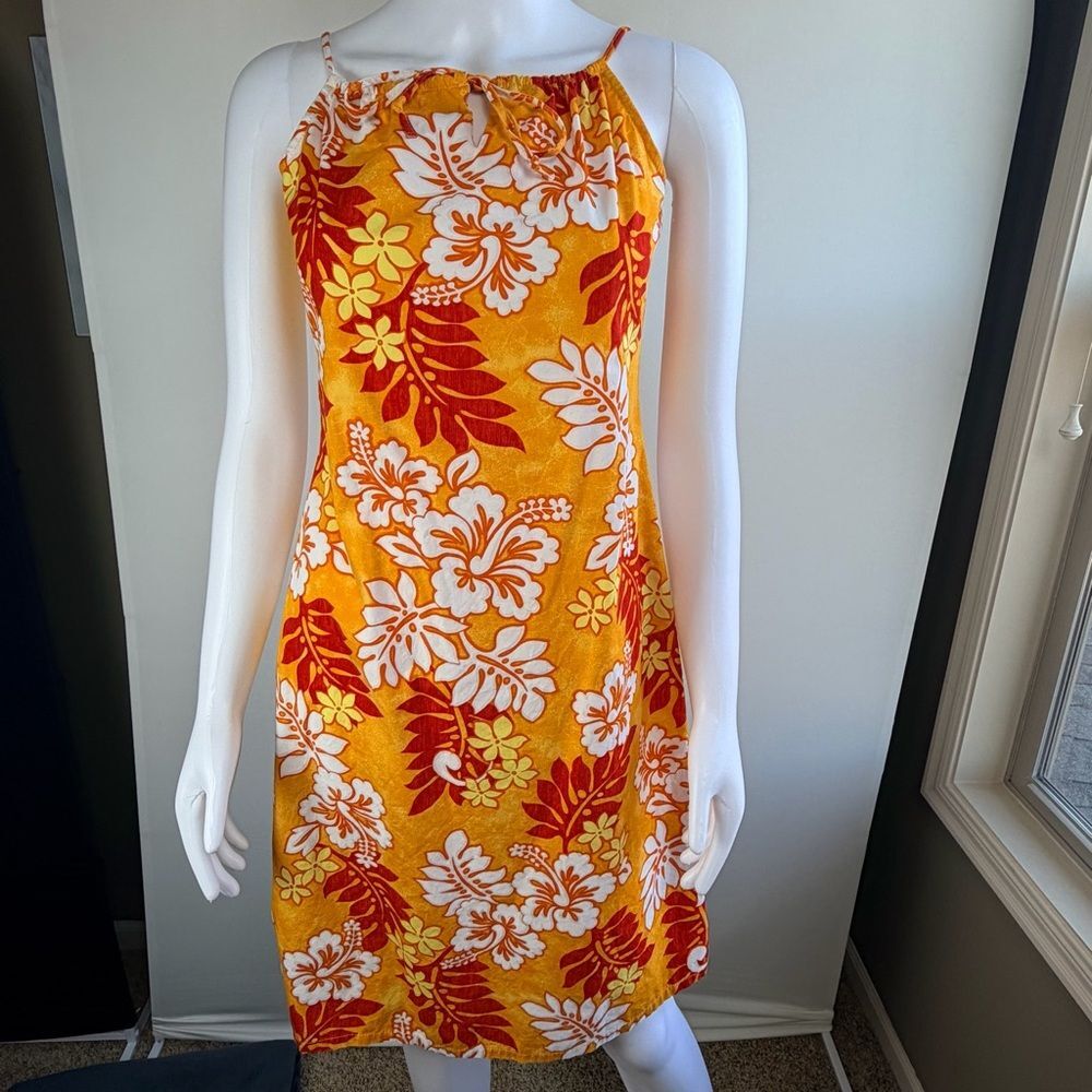 Hilo Hattie Hawaiian Dress XS Orange Yellow Floral Tropical Sundress 100% Cotton